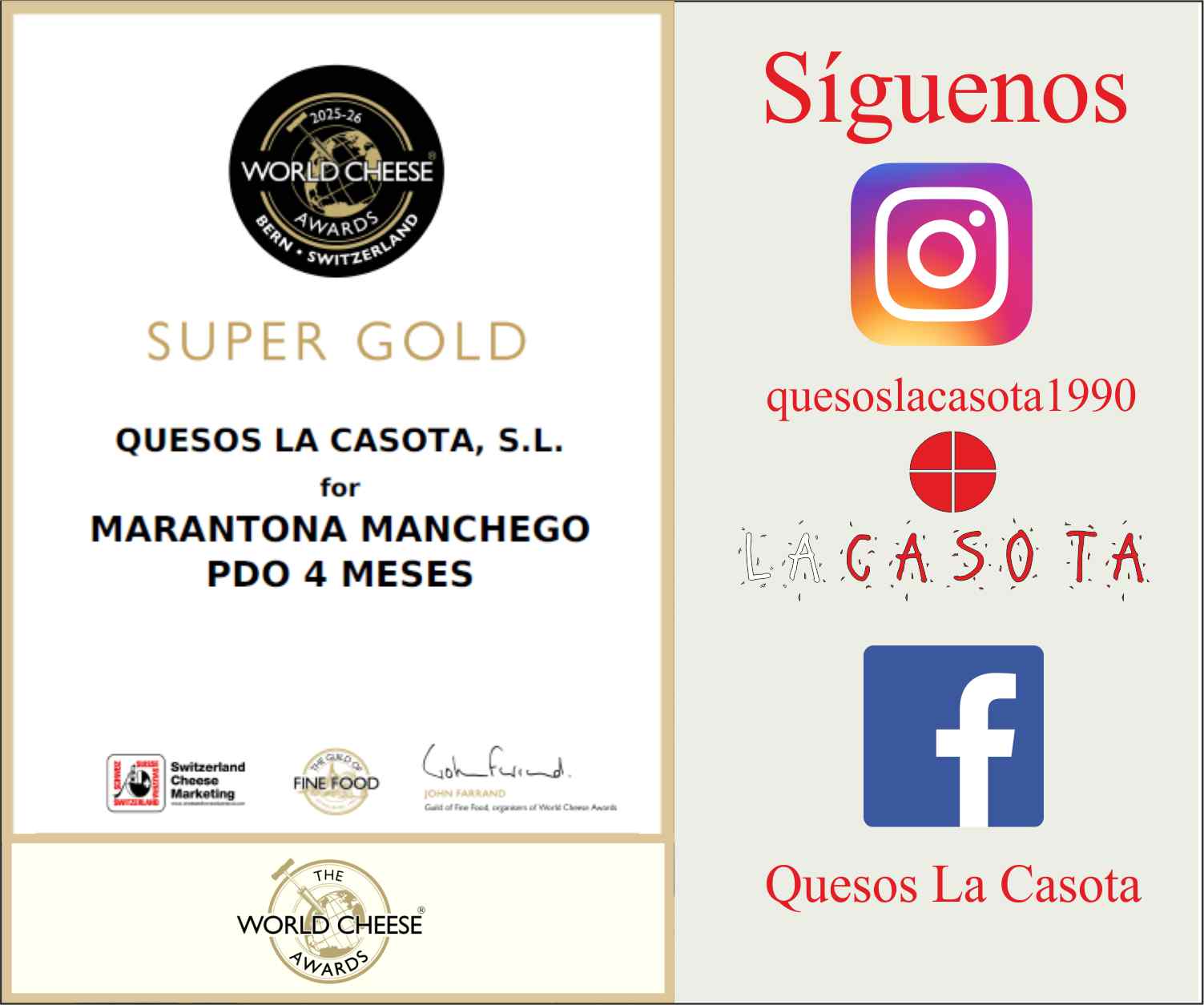 World Cheese Awards | Nuestro Marantona (4 meses) entre los 50 mejores del mundo con un SUPER GOLD